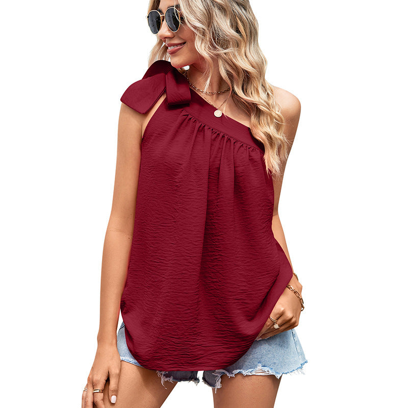 Cross-border European And American Women's Clothing Shoulder Lace-up Bow Top One-shoulder Vest