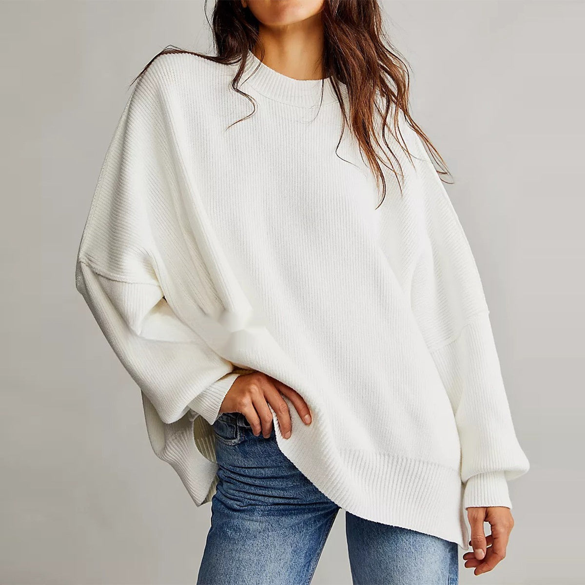 European And American Loose Pullover Sweater Fashion Long Sleeve Split Round-neck Women's Sweater