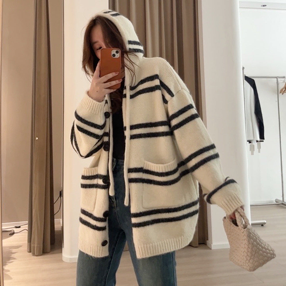 Fall Winter Hooded Striped Knitted Cardigan Women's Top Loose And Lazy Style Coat