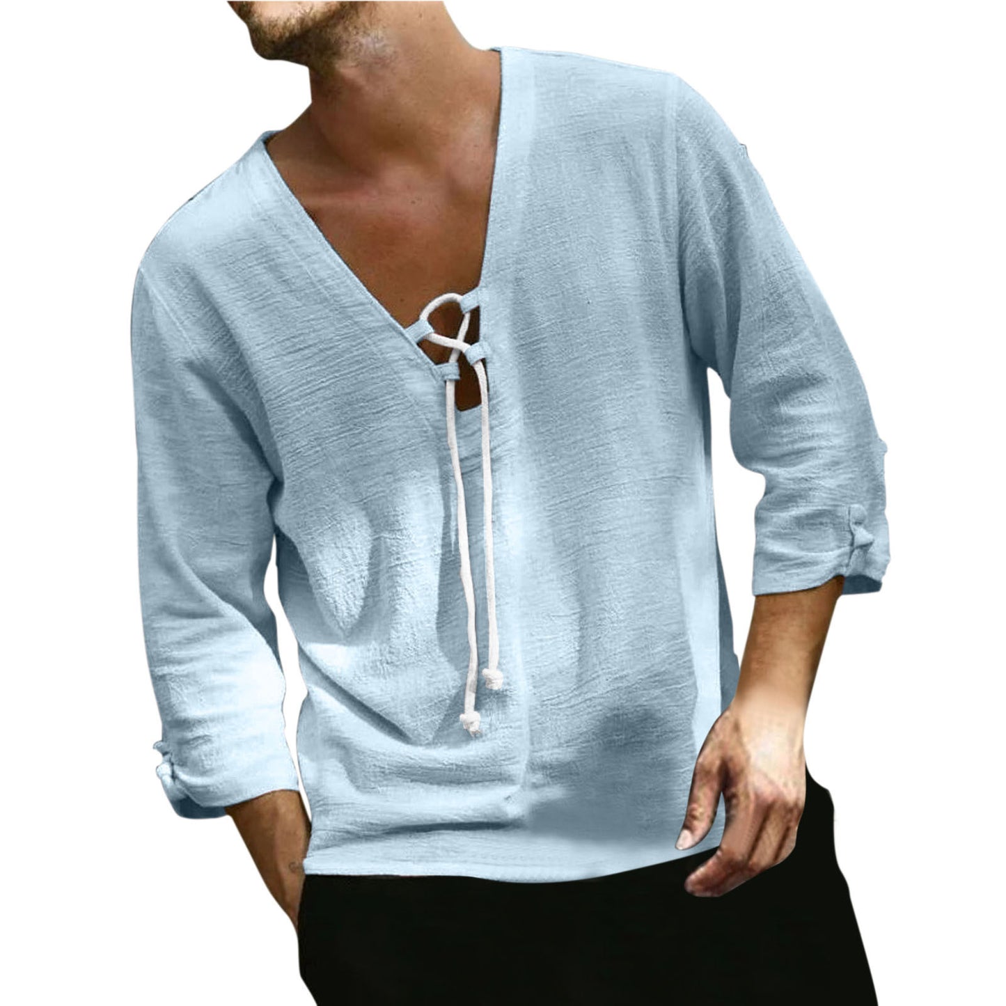 Men's Solid Color Loose Fashion Casual Hemp Drawstring Top