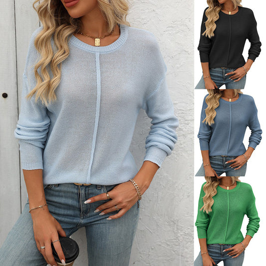 Women's Round Neck Long Sleeve Knitted Thick Needle Casual Sweater