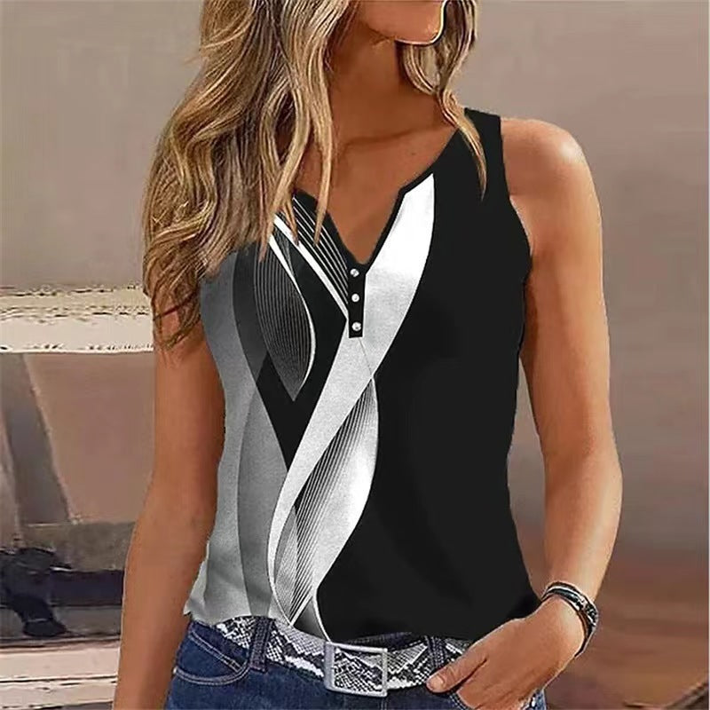 European And American V-neck Abstract Printing Sleeveless Vest Top