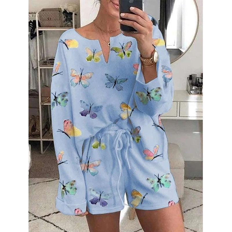 Women Butterfly Printed Shorts Pajamas Set