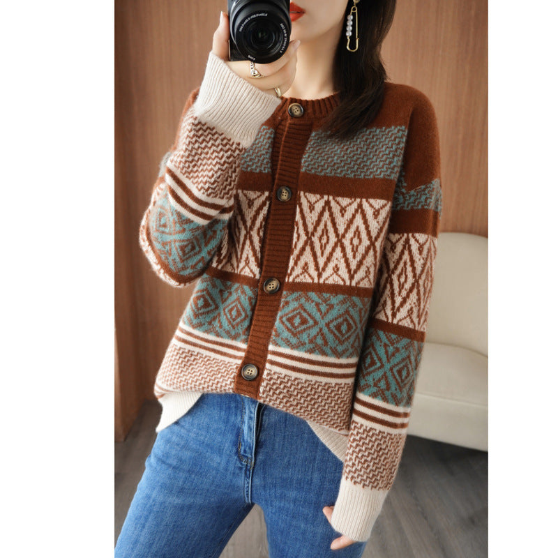 Wool Cardigan Over Top With Round Neck Loose