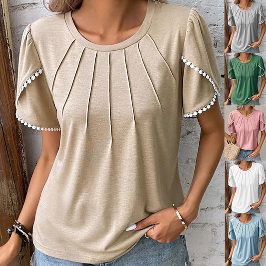 Summer Round Neck Tassel Tulip Sleeve T-shirt Casual Top For Women