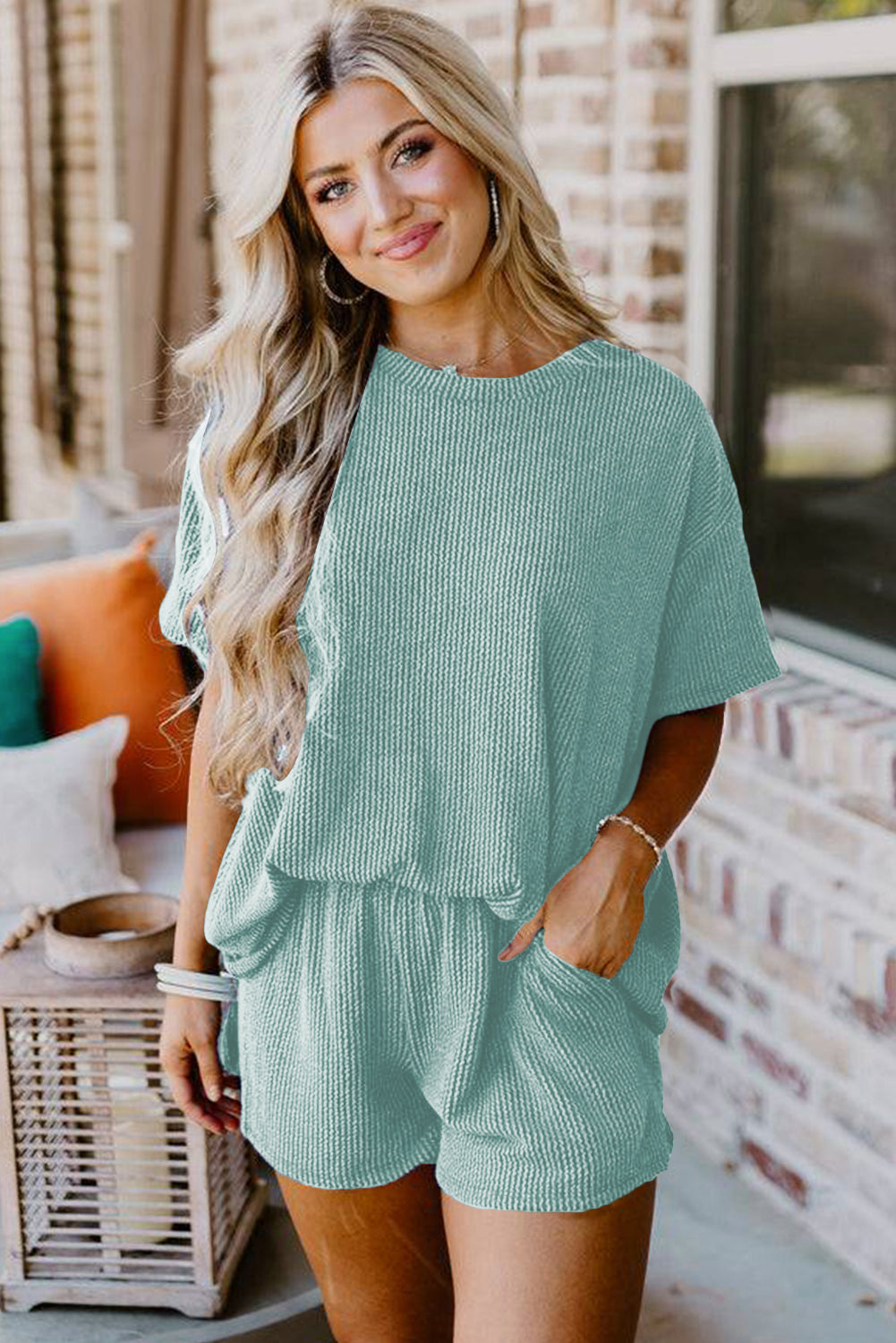 Iceland Blue Ribbed Textured Knit Loose Fit Tee and Shorts Set
