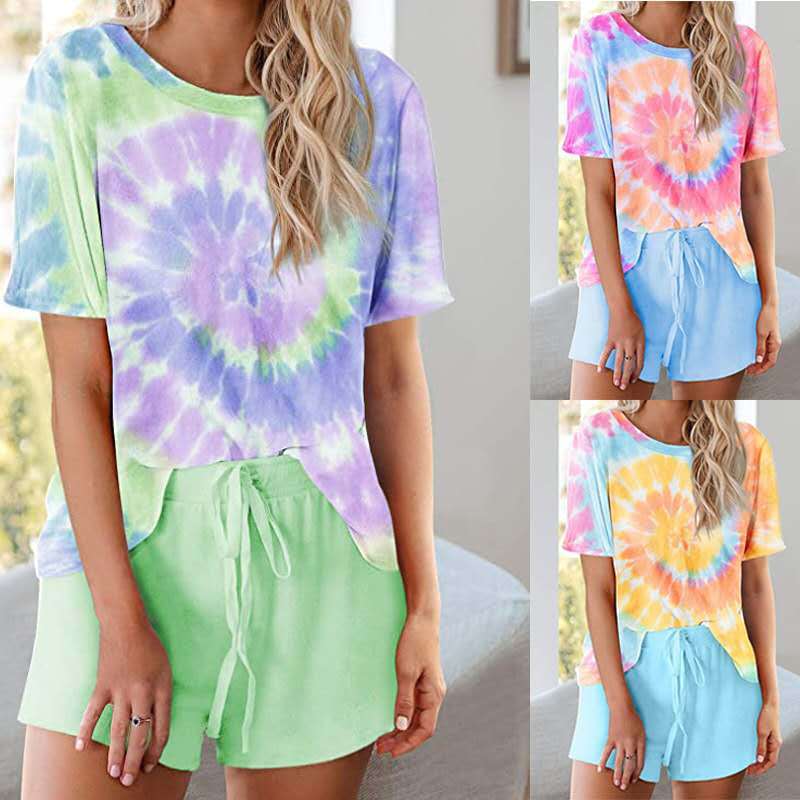 Summer Loungewear Casual Tie Dye Short Sleeve Pajama Set