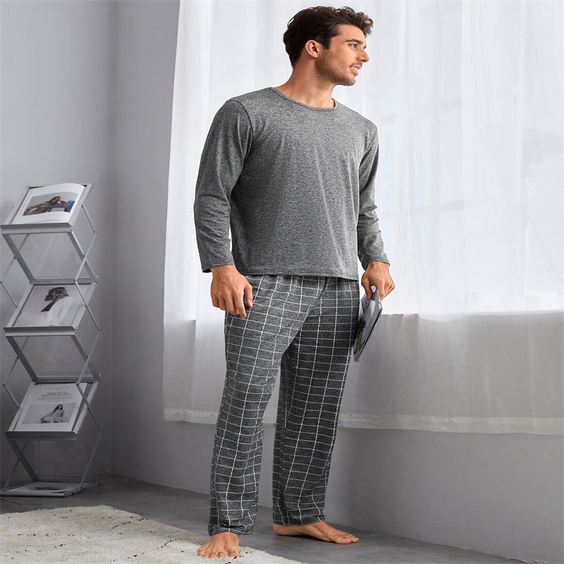 Mens Thin Section Plaid Loungewear Pajama Set