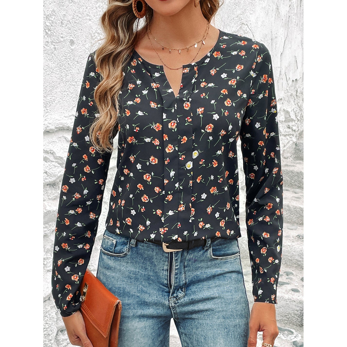 Women's Round-neck Floral Print Long Sleeve Top