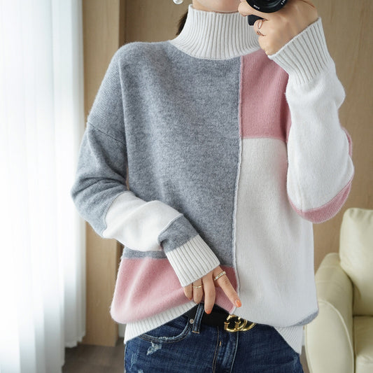 Half-high Collar Padded Color-block Wool Sweater Plaid