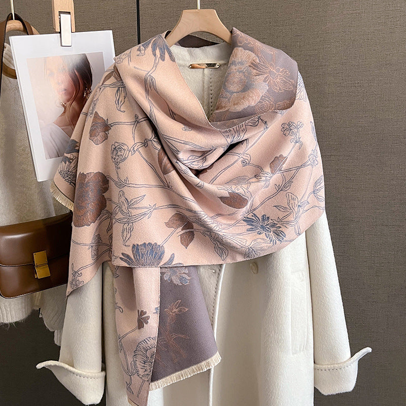 Women's Thick Warm Printing Cashmere Scarf Double-sided Shawl