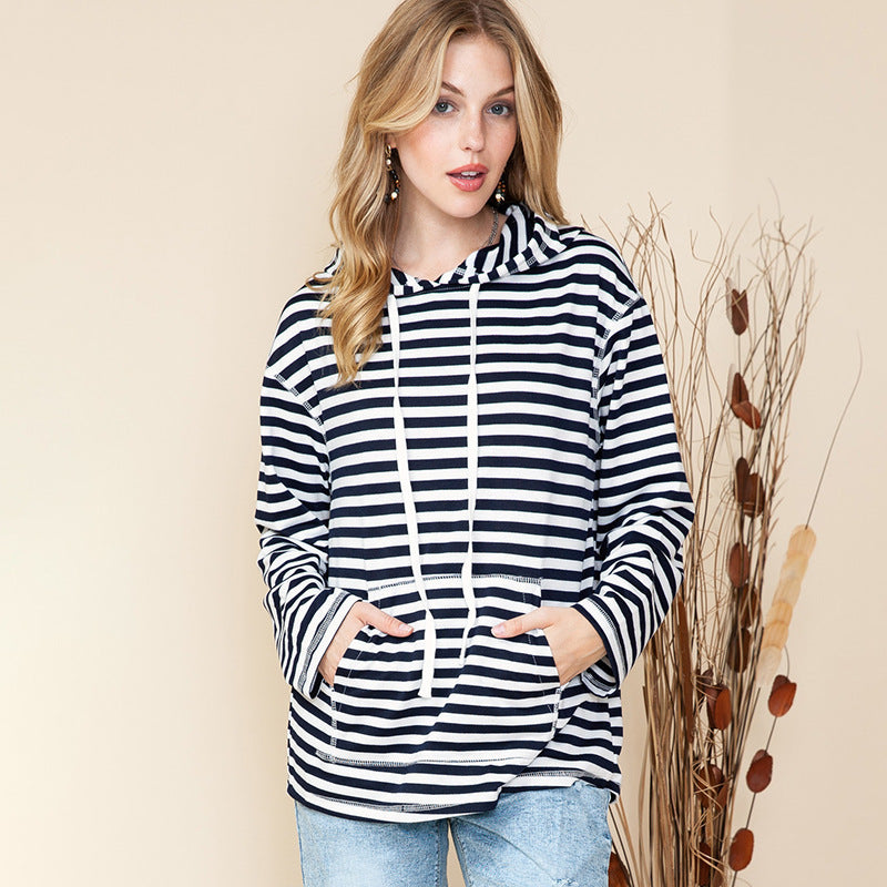 Shiying Striped Hooded Sweater Women's Autumn Fashion Loose-fitting Long Sleeves Top