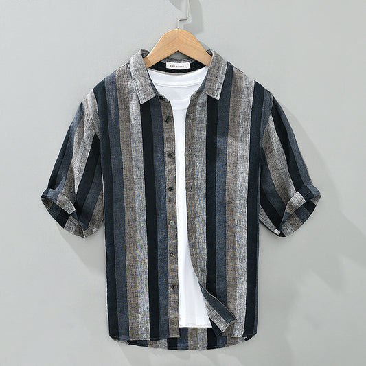 Summer Vintage Yarn-dyed Linen Five-point Sleeve Men's Contrasting Color Stripes Casual Lapel Large Size Cotton Hemp Shirt