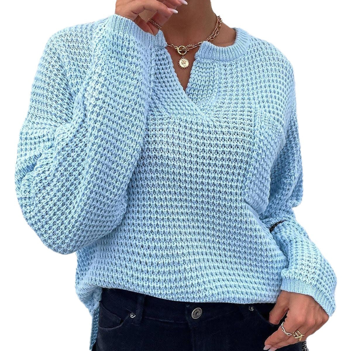 Women's Top Knitted Pullover Long Sleeve V-neck Pocket Solid Color Sweater