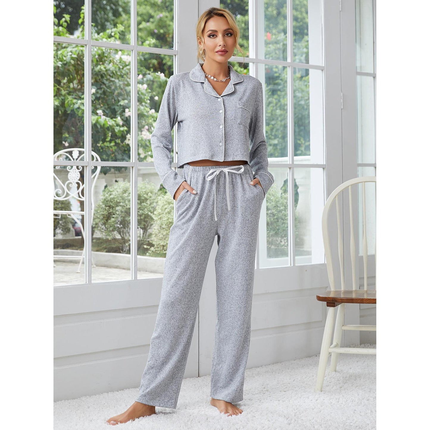 Women's Thickened Long-sleeved Cardigan Trousers Two-piece Set