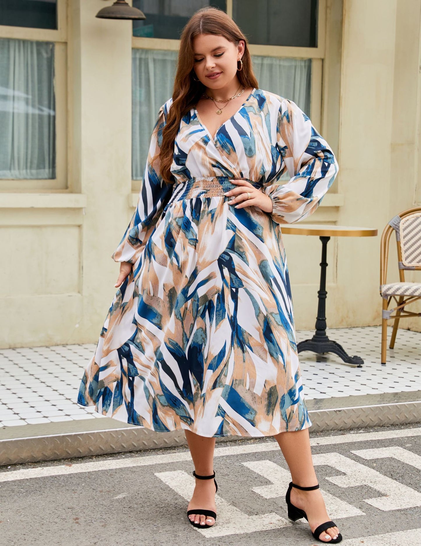 Plus Size Long Sleeve V-neck Dress