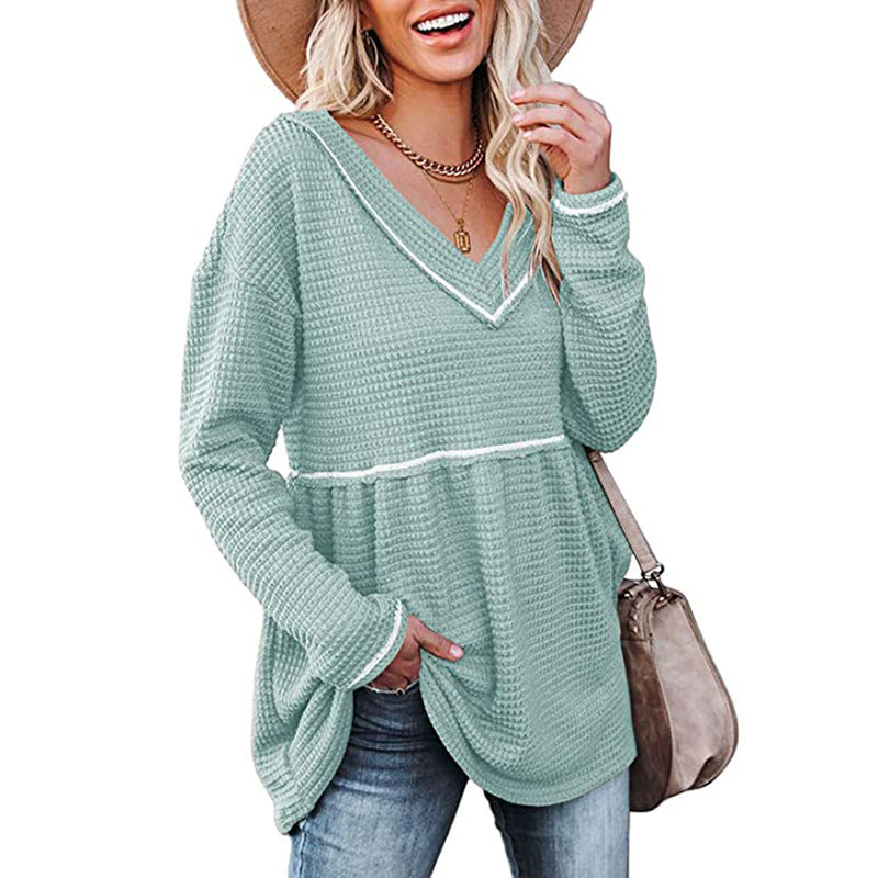 V-neck Long-sleeved Tunic Sweater With Pleated T-shirt Skirt