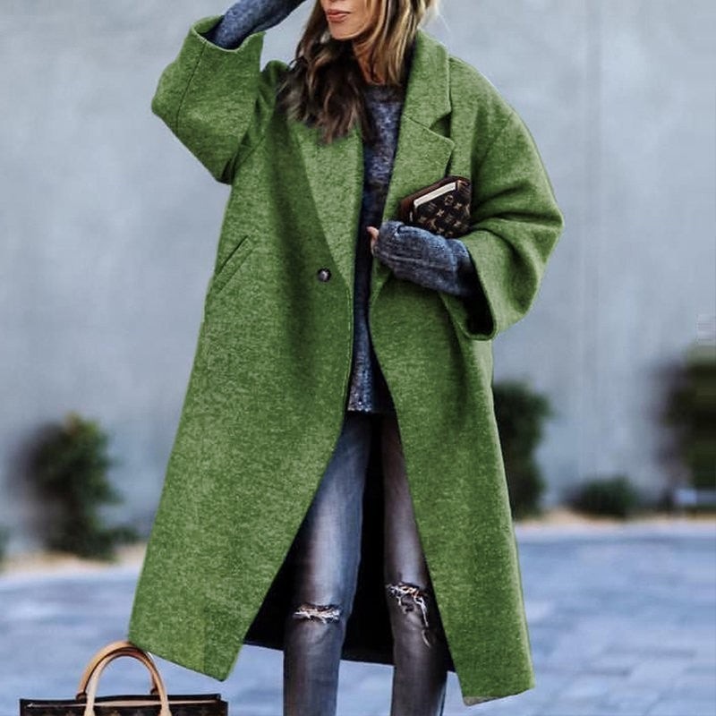 Autumn And Winter Long Woolen Color Temperament Commute No Belt Lapel Loose Woolen Green Coat