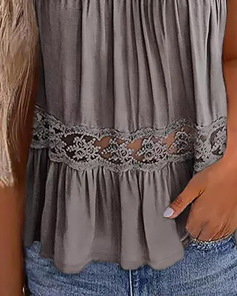 Lace Patchwork Ruffled Round Neck Vest