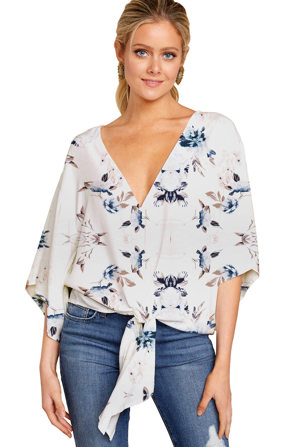 Spring And Summer New V-neck Short-sleeved Printed Loose Top Women's