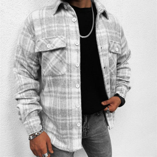 New Long Sleeve Check Casual Stand Collar Pocket Shirt Jacket