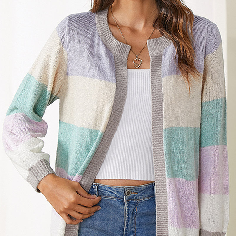 Women's Color Matching Temperament Crew Neck Loose Sweater Coat
