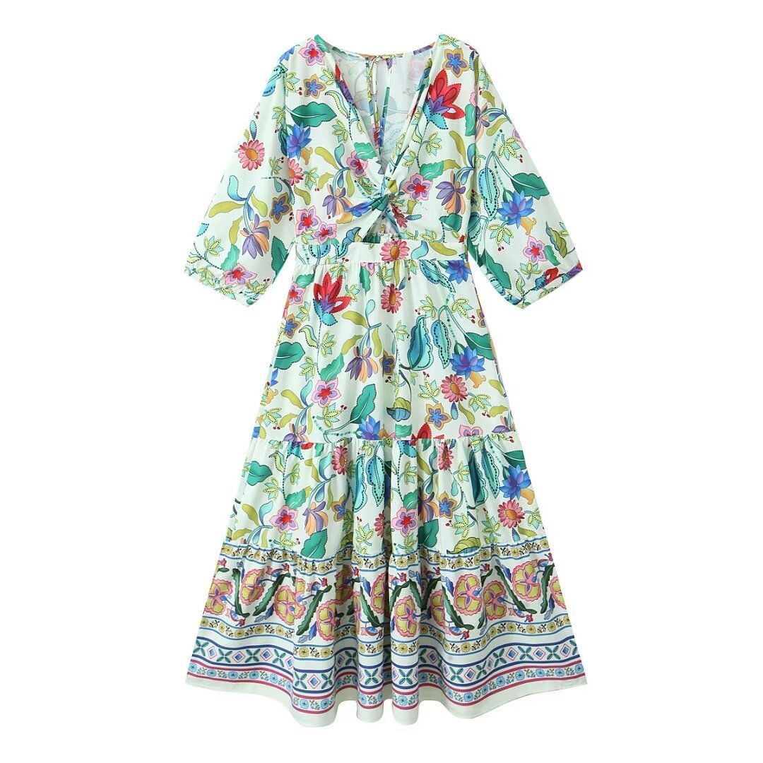 Women's Lantern Sleeve Printing Waist-baring Dress