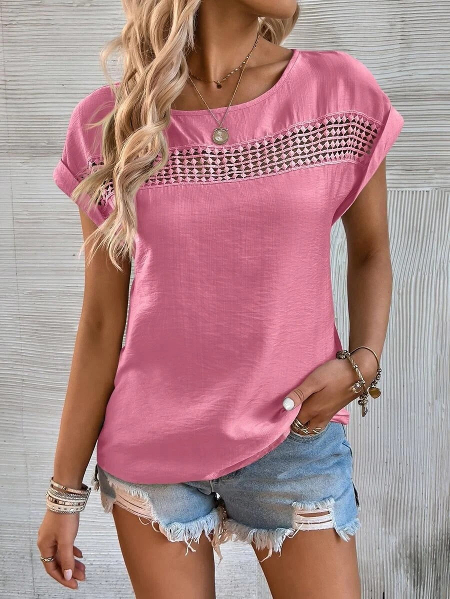 Women's Summer New Casual Solid Color Stitching Lace Top