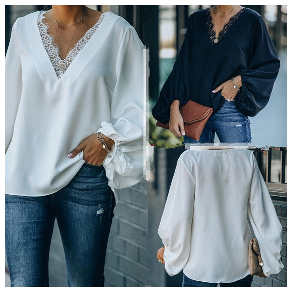 Solid Color V-neck Long Sleeve Top