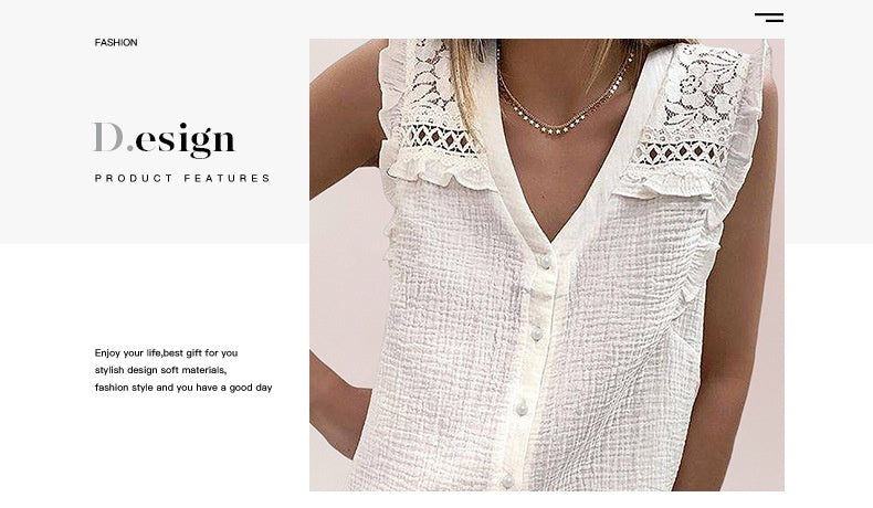 European And American Summer Lace Versatile Sleeveless Ruffled V-neck Single Breasted Shirt