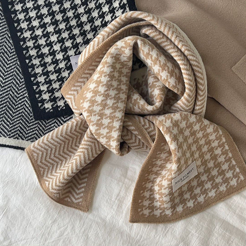 Houndstooth And Wave Pattern Print Scarf Women's Winter Korean Style Fashion Versatile Knitted Double-sided Warm Woolen Scarf