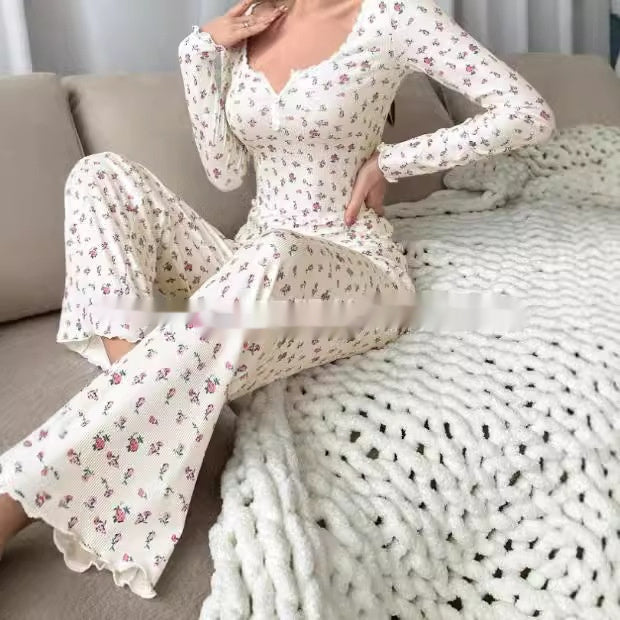 Small Floral Print Lettuce Edge Lace Collar Button Pajamas Suit