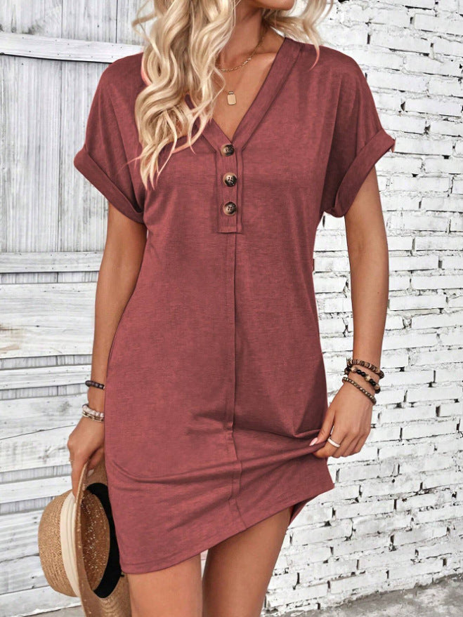 Women's Fashion Buckle V-neck With Shoulder Roll Sleeve Dress