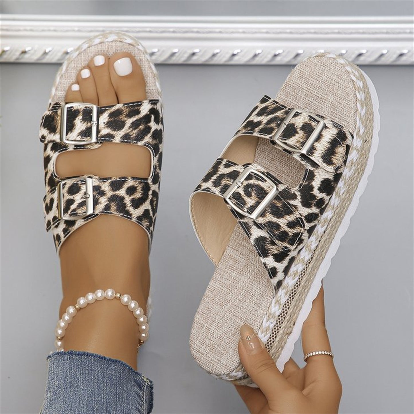 Summer Double Buckle Leopard Print Flat Sandals Hemp Thick-soled Sandals Seaside Vacation Beach Shoes For Women