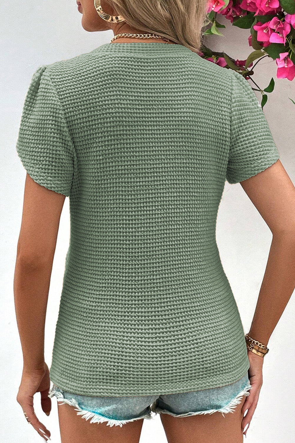 Mist Green V Neck Petal Sleeve Waffle Knit Top
