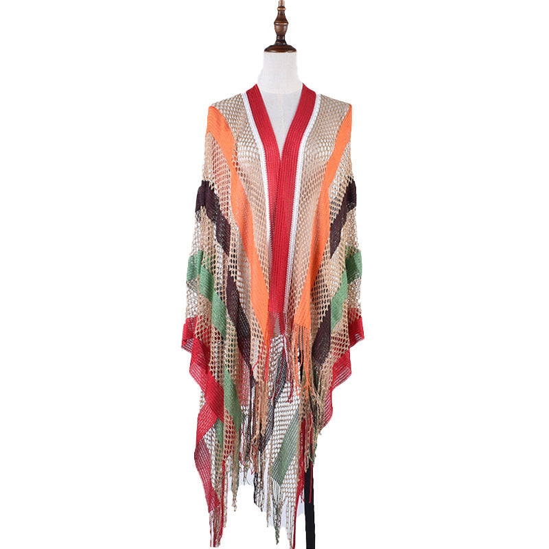 New Korean Style Cutout Long Silk Color Striped Knitted Sunscreen Shawl Thin
