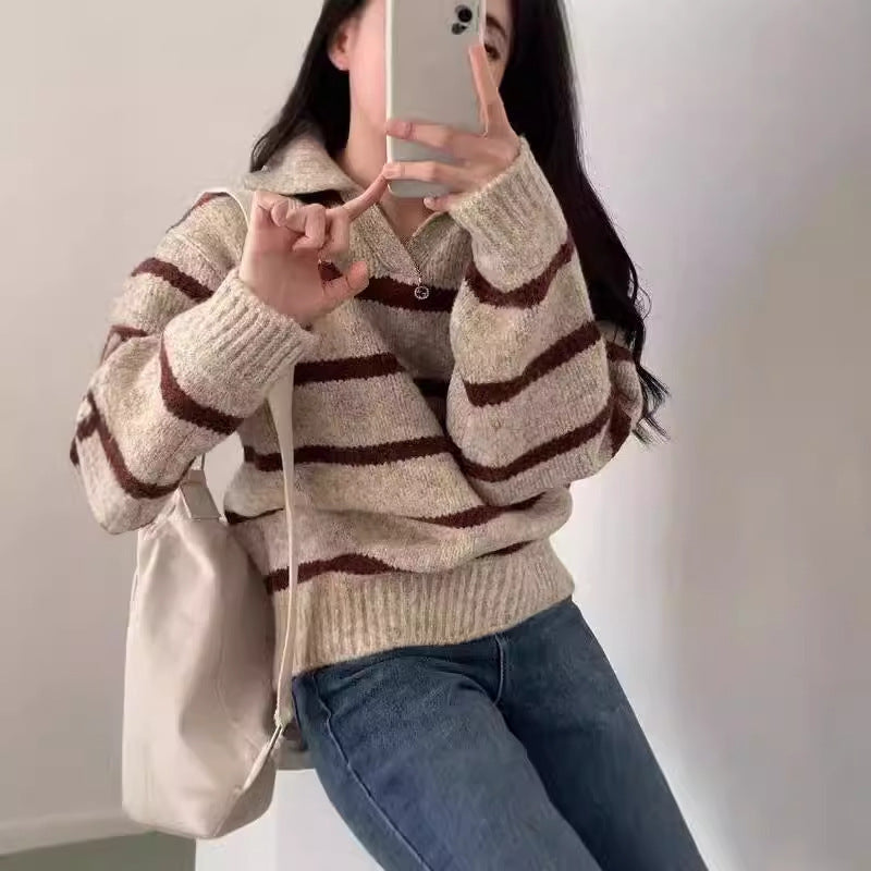 Fall And Winter Lapels Contrast Color Striped Pullover Sweater Long Sleeve Loose Casual Knitted Top For Women