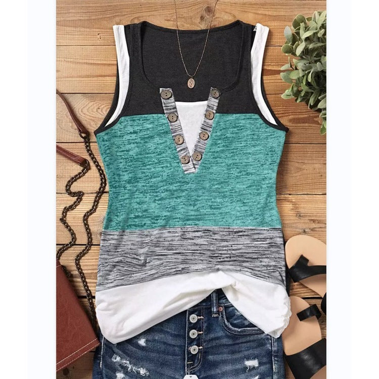 Summer New Contrast Color False Two-piece Suit Women Sleeveless Vest