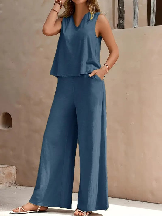 Solid Color Summer Slacks Suit, V-neck Vest And Wide-leg Pants Outfit