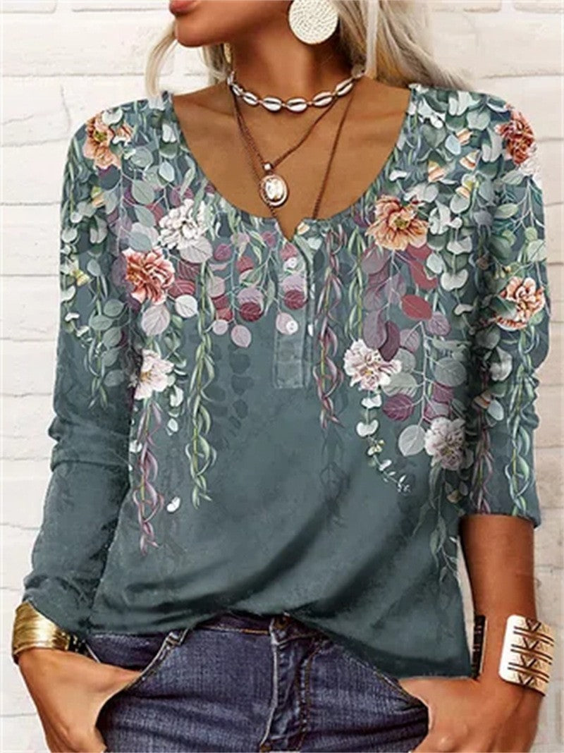 Women's Loose Long-sleeved Geometric Floral U-neck Button T-shirt