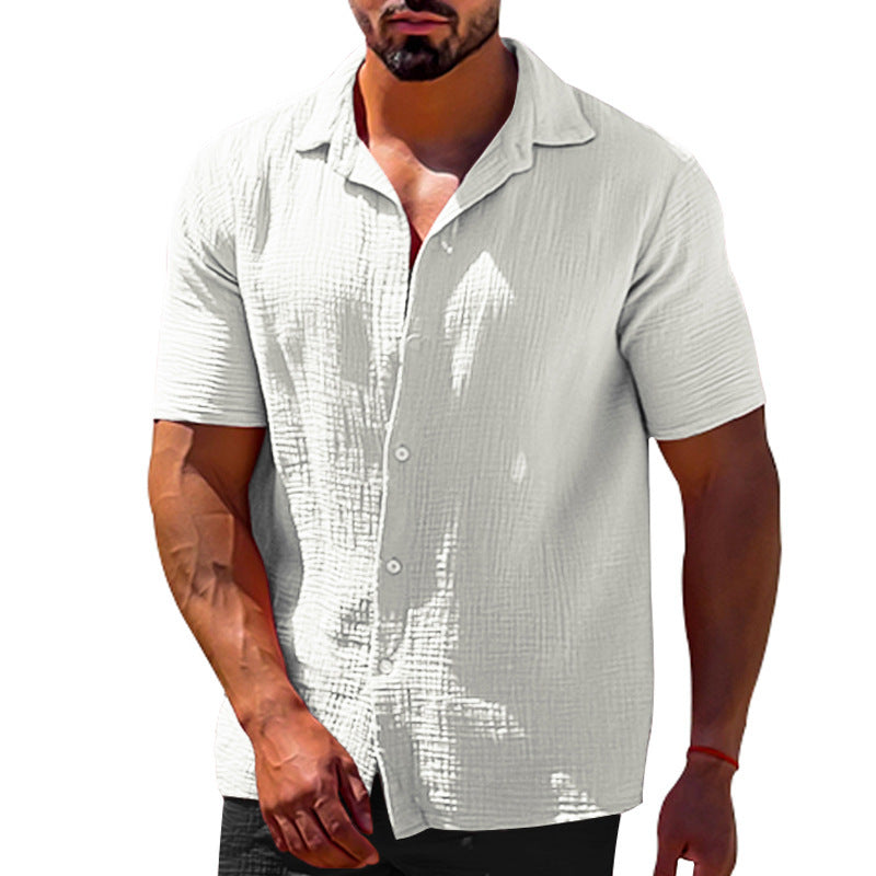 Polo Collar Solid Color Short Sleeve Button Men's Linen Shirts