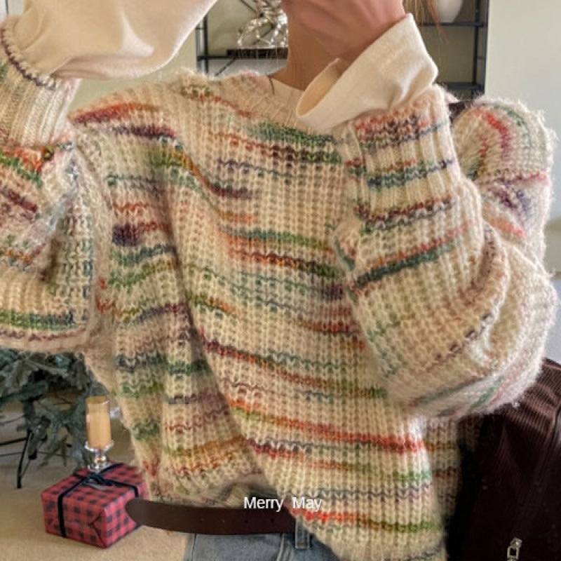 Cute Mixed Color Rainbow Round Neck Loose Pullover Sweater