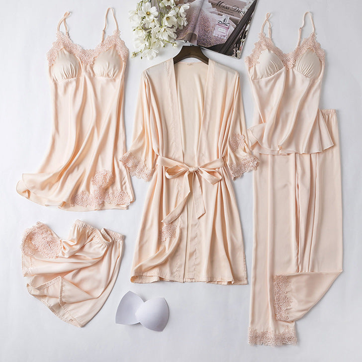 Ice Silk Sexy Slip Nightdress Silk Satin Nightgown With Chest Pad Five-piece Suit Homewear