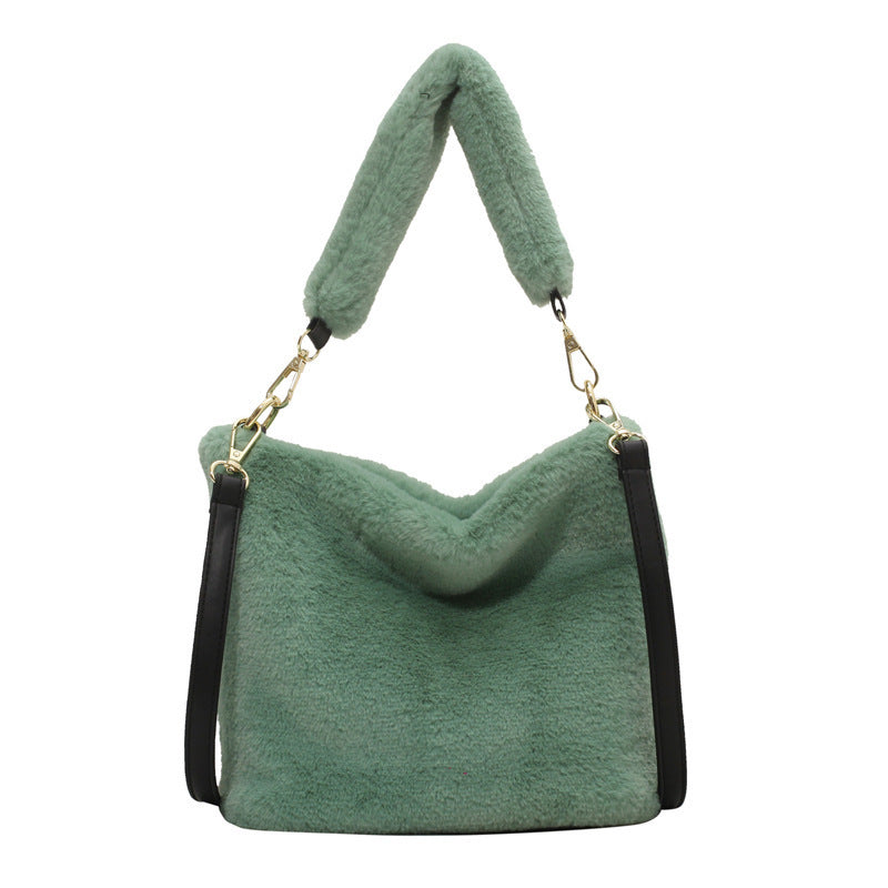 Fashion Solid Color Plush Portable Bucket Bag