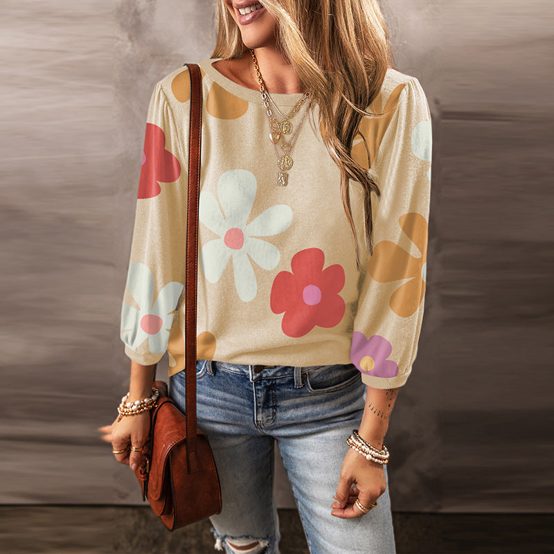 European And American Leisure Wild Flower Floral Print Long Sleeve Pullover