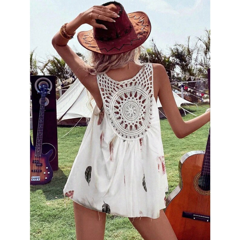 Simple Lace Lace Cutout Printed Top For Women