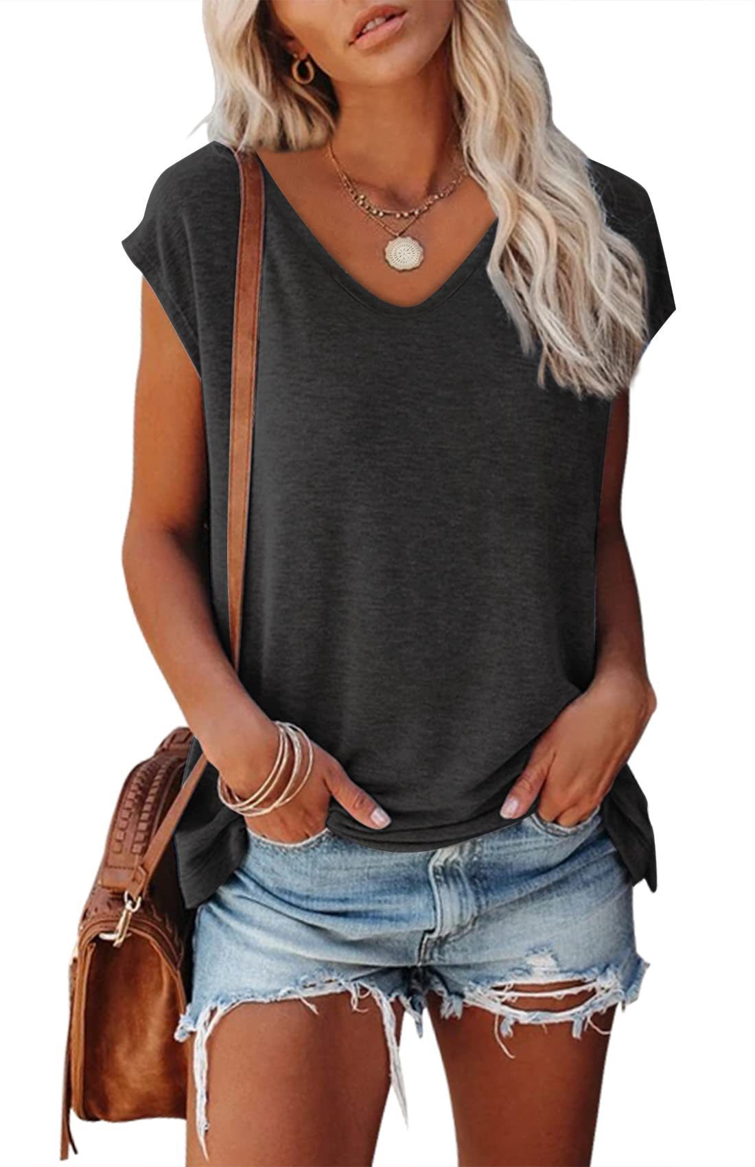 Women's Cap Sleeve V-neck Solid Color Casual Loose-fitting T-shirt