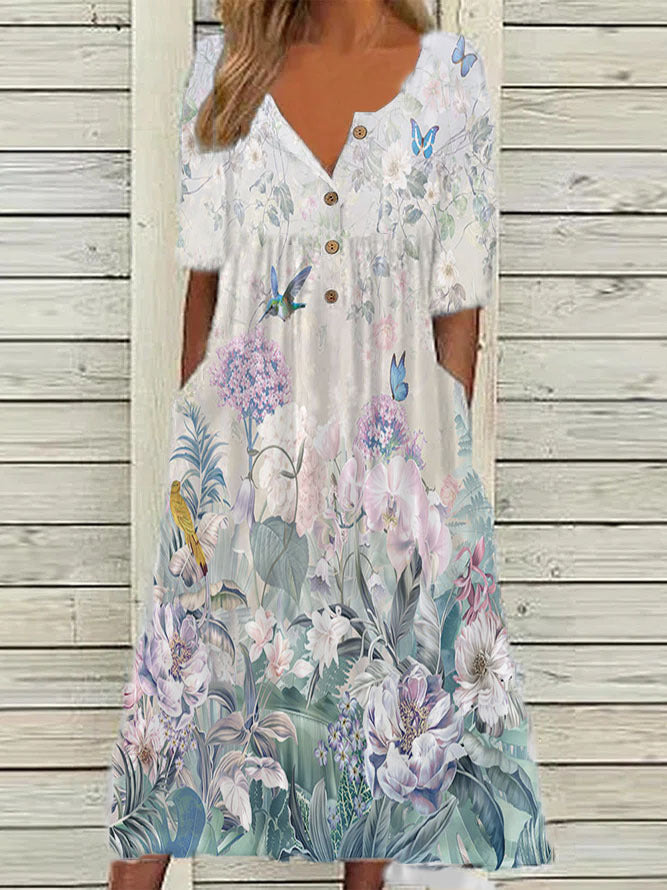 Printed Pocket Clinch Long Dress