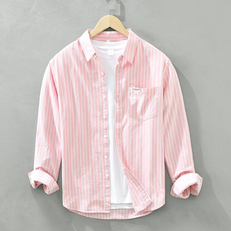 Men's Cotton Casual Striped Oxford Long-sleeved Shirt