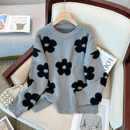 Design Flower Loose Slimming Pullover Round Neck Sweater